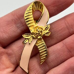 Avon‎ Pink Enamel Ribbon Lapel Pin Brooch Gold Tone Rose Breast Cancer Awareness